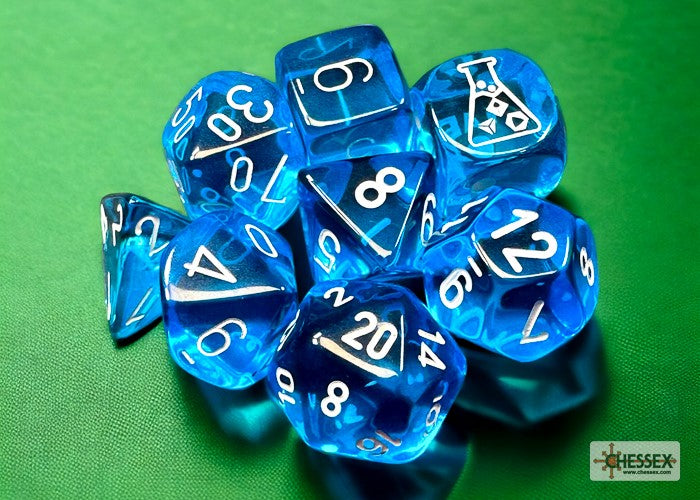 Chessex Lab Dice 7 - Translucent Tropical Blue/white Polyhedral 7-Dice Set (with bonus die)