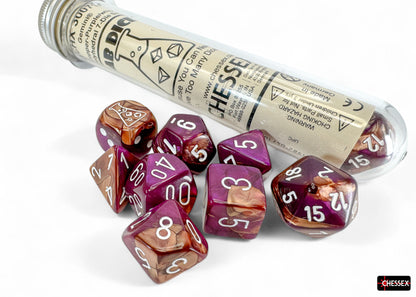 Chessex Lab Dice 9 - Gemini Copper-Purple/white Polyhedral 7-Dice Set (with bonus die)