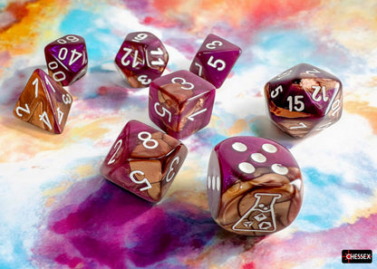 Chessex Lab Dice 9 - Gemini Copper-Purple/white Polyhedral 7-Dice Set (with bonus die)