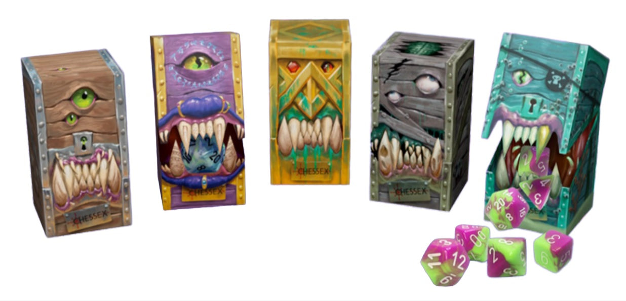 Five colorful boxes with monster faces and a set of dice on a white background
