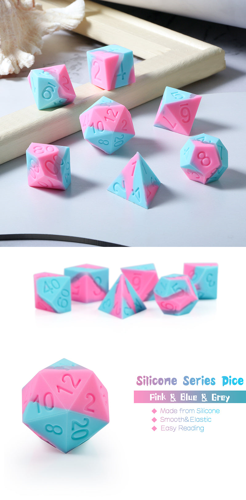 Silicone Dice Set (7pcs) [Bubble Gum] - Dice Habit