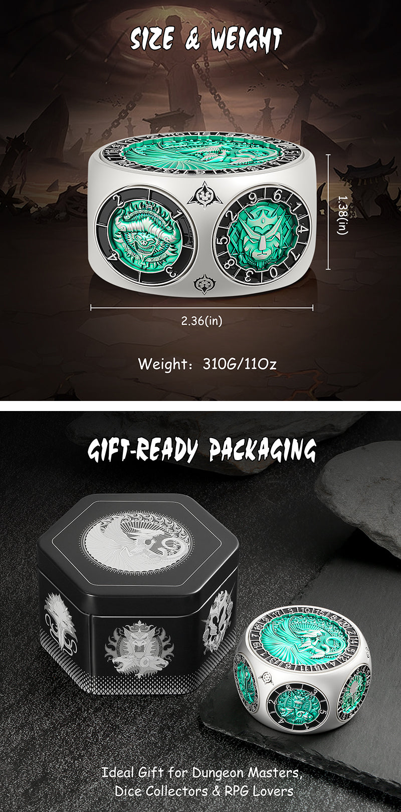 Octagon Spinner Dice [Green & Silver] - Dice Habit