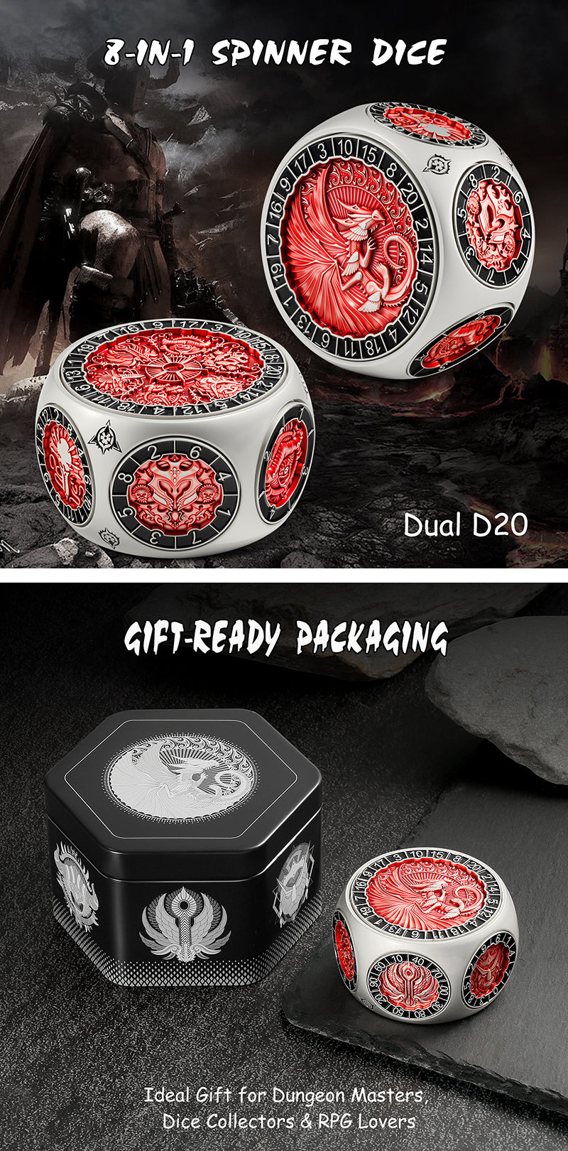 Octagon Spinner Dice [Red & Silver] - Dice Habit