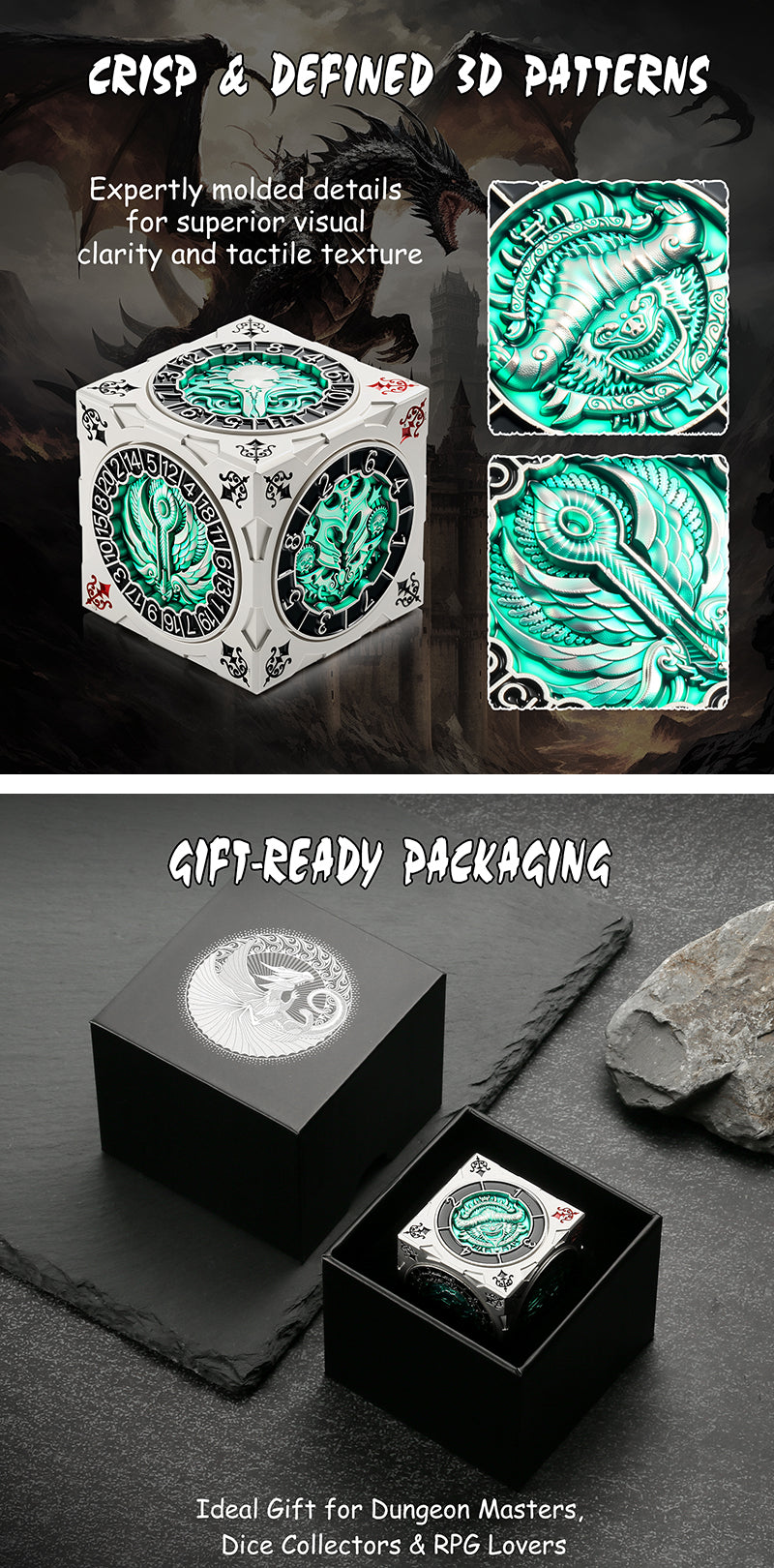 Cube Spinner Dice [Green & Silver] - Dice Habit