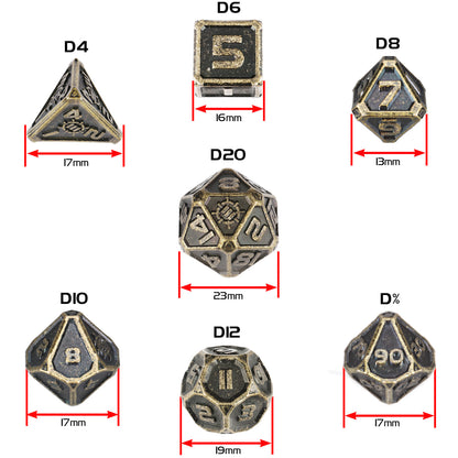 DnD Ancient Bronze Metal Dice Set - 7pc Polyhedral Dice with Storage Case and Dice Bag - Enhance Gaming
