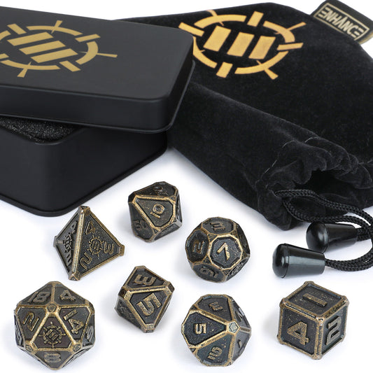 DnD Ancient Bronze Metal Dice Set - 7pc Polyhedral Dice with Storage Case and Dice Bag - Enhance Gaming