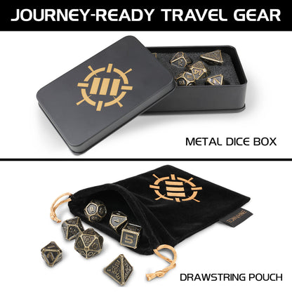 DnD Ancient Bronze Metal Dice Set - 7pc Polyhedral Dice with Storage Case and Dice Bag - Enhance Gaming