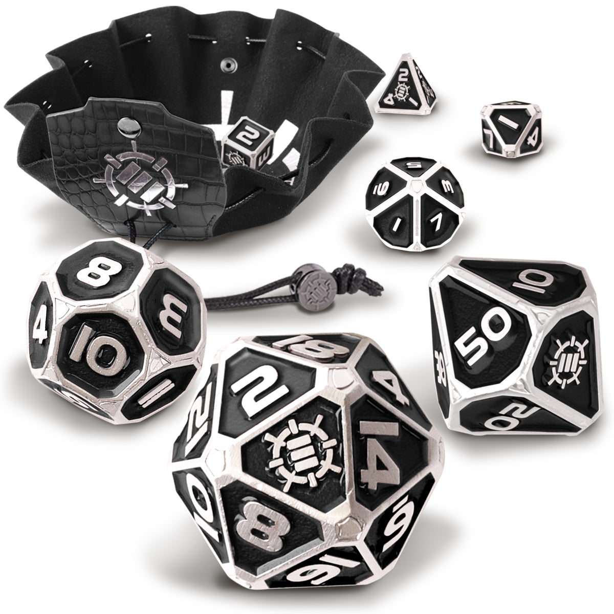 DnDN Dragon Metal Dice Set - 7pc Polyhedral Dice with 2-in-1 Dice Bag/Tray (Collectors Editions) - Enhance Gaming