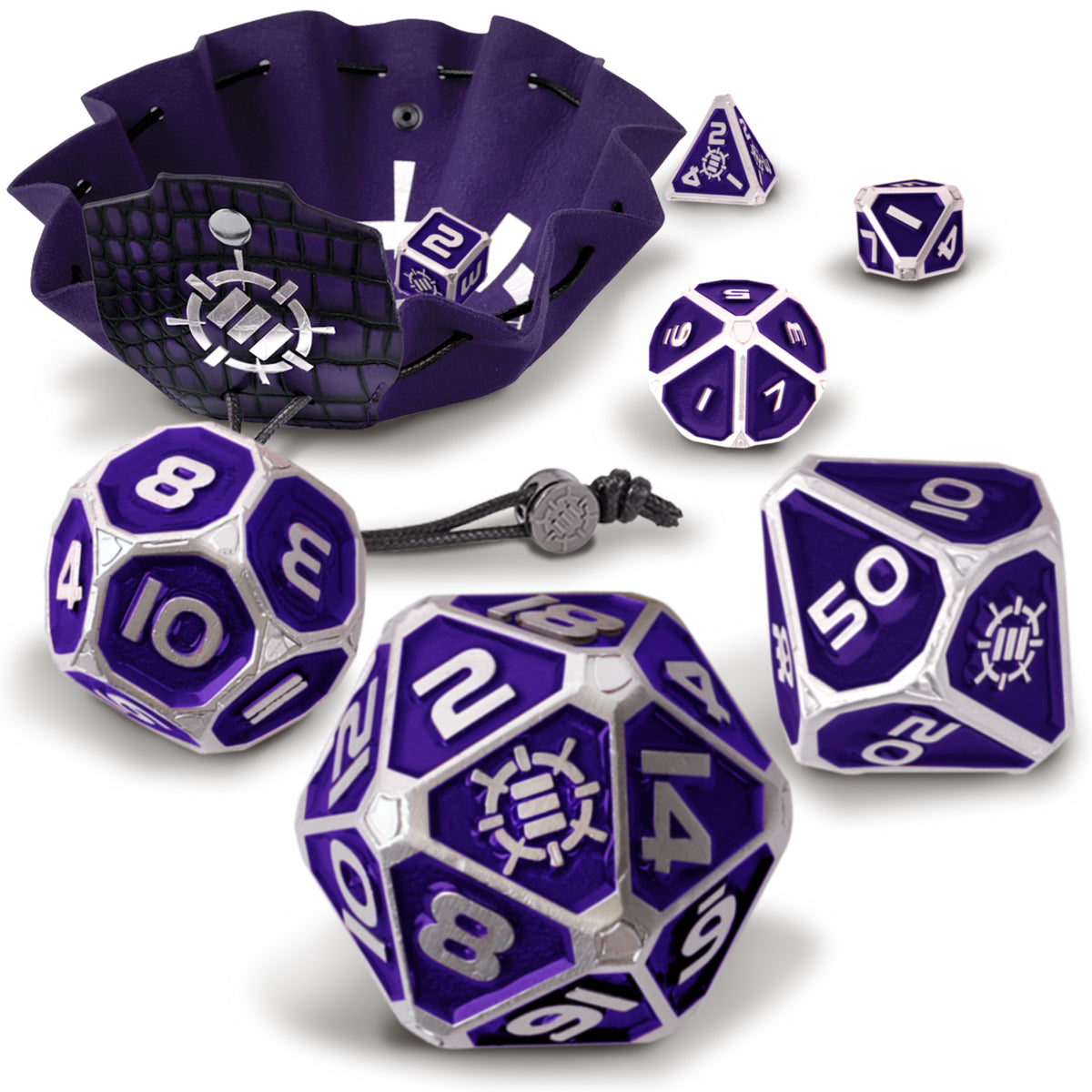 DnDN Dragon Metal Dice Set - 7pc Polyhedral Dice with 2-in-1 Dice Bag/Tray (Collectors Editions) - Enhance Gaming