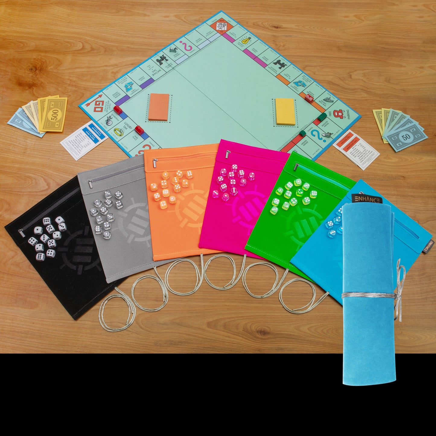 ENHANCE Roll on a Scroll™ Dice Rolling Mat & 12pc 6 Sided Dice Set