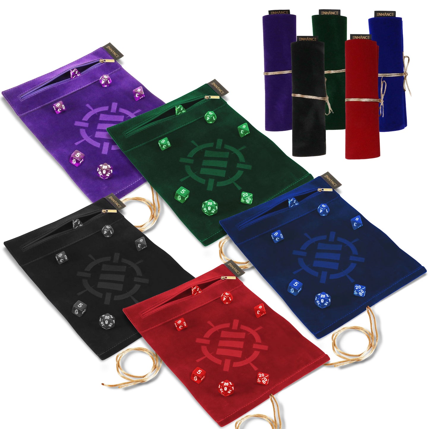 ENHANCE Roll on a Scroll™ Dice Rolling Mat & 7pc Acrylic Dice Set - Enhance Gaming