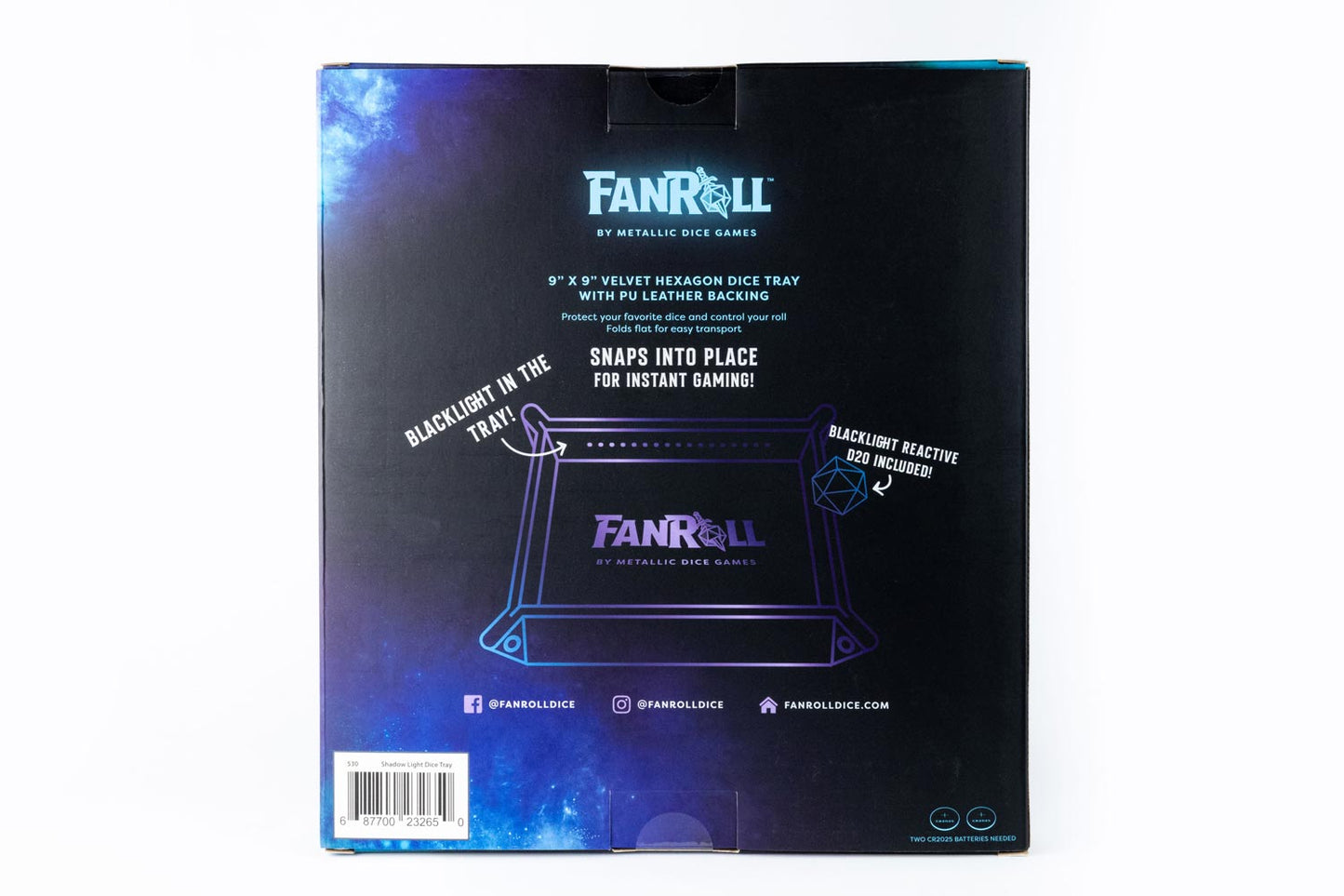Shadowlight Dice Tray - Blacklight Dice Tray with Blacklight d20: Black - Fanroll Dice
