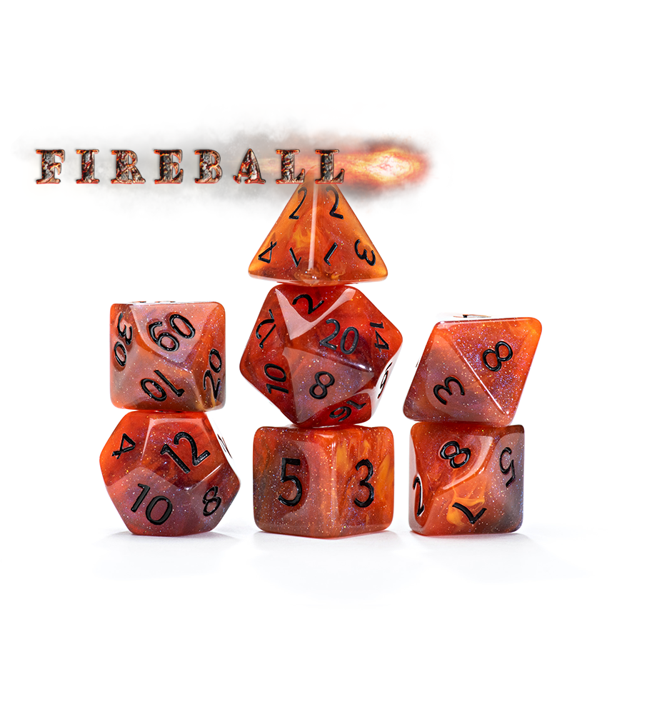 “Fireball” Aether Dice - Polyhedral 7-Dice Set - Smoldering Orange, Raging Smoke, and Fulminating Reds – w/ Black Numbers