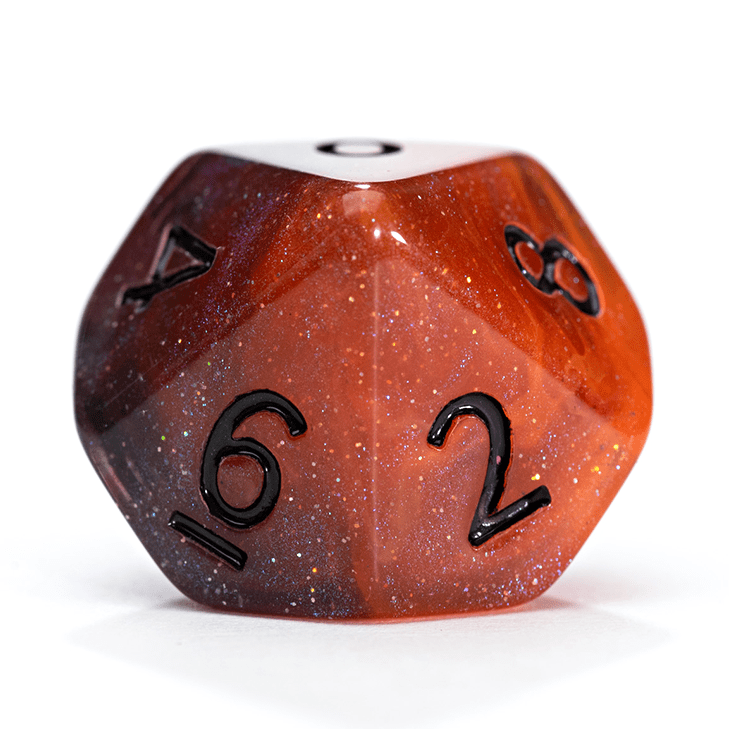 “Fireball” Aether Dice - Polyhedral 7-Dice Set - Smoldering Orange, Raging Smoke, and Fulminating Reds – w/ Black Numbers
