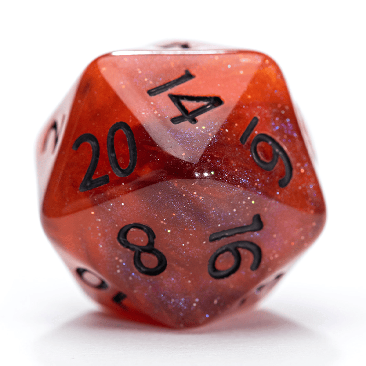 “Fireball” Aether Dice - Polyhedral 7-Dice Set - Smoldering Orange, Raging Smoke, and Fulminating Reds – w/ Black Numbers