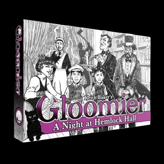 Board game box titled 'Gloomier: A Night at Hemlock Hall' with black and white illustrations