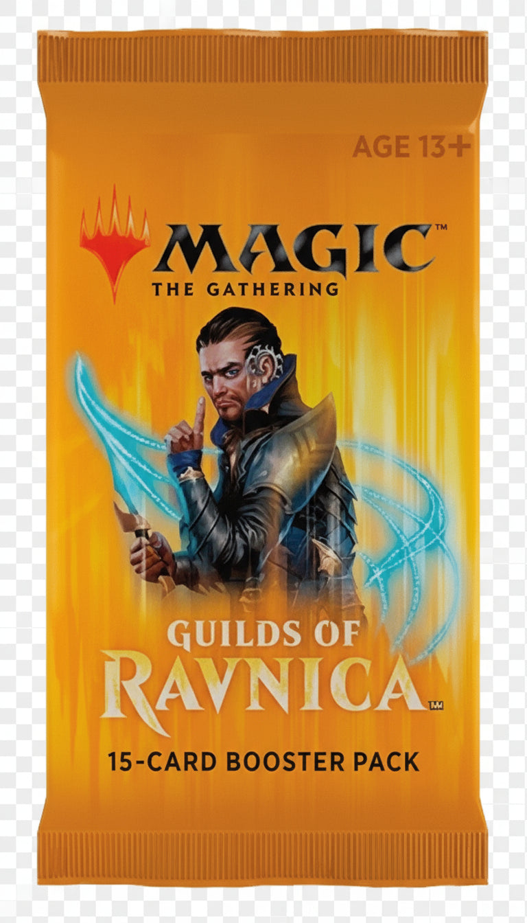 Booster pack of 'Magic: The Gathering - Guilds of Ravnica' with character illustration on orange background