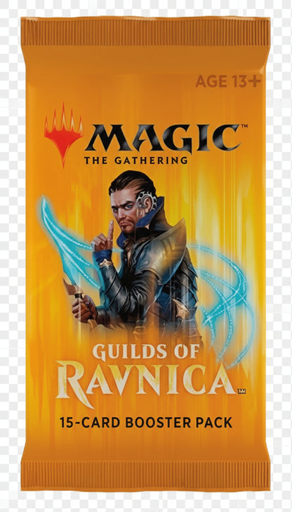 Booster pack of 'Magic: The Gathering - Guilds of Ravnica' with character illustration on orange background