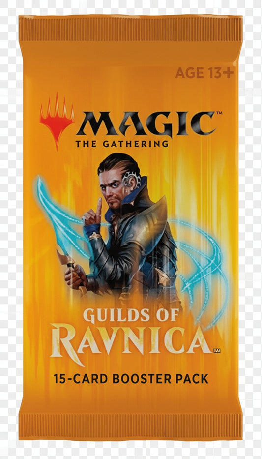 Booster pack of 'Magic: The Gathering - Guilds of Ravnica' with character illustration on orange background