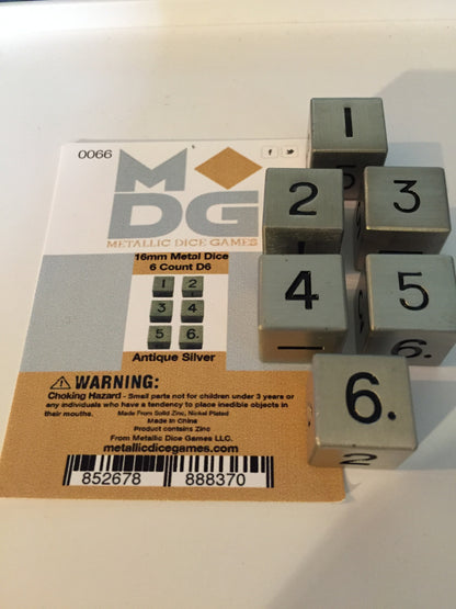 Metallic Dice Games - 16mm D6 (Set of 6) - Antique Silver