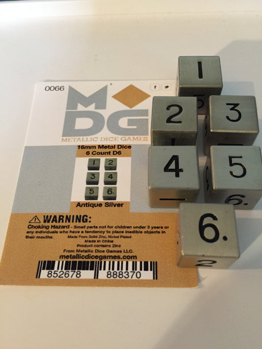 Metallic Dice Games - 16mm D6 (Set of 6) - Antique Silver