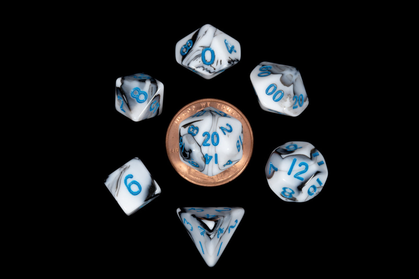 Marble with Blue Numbers 10mm Mini 7 Polyhedral Dice Set - Fanroll Dice
