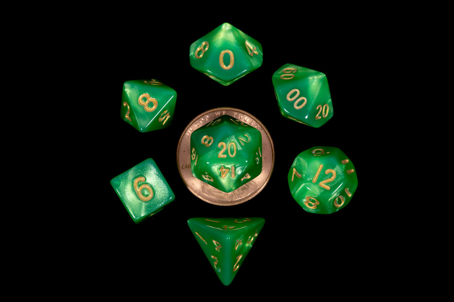 Green with Gold 10mm Mini 7 Polyhedral Dice Set - Fanroll Dice