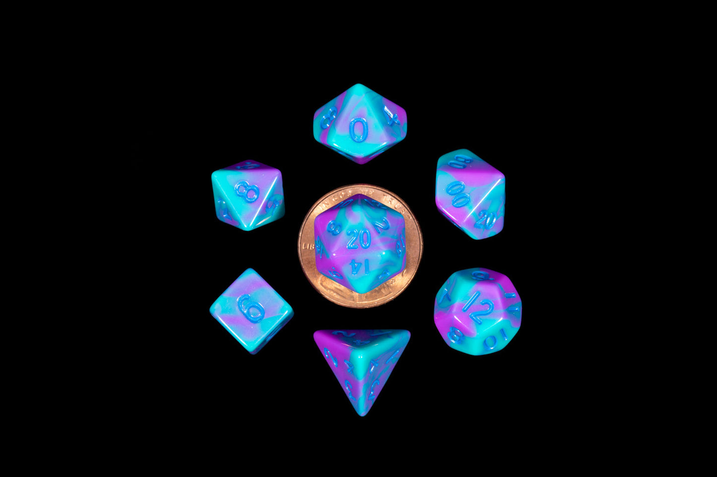 Turquoise and Purple Numbers 10mm Mini 7 Polyhedral Dice Set - Fanroll Dice