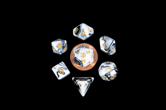 Marble with Gold Numbers 10mm Mini 7 Polyhedral Dice Set - Fanroll Dice