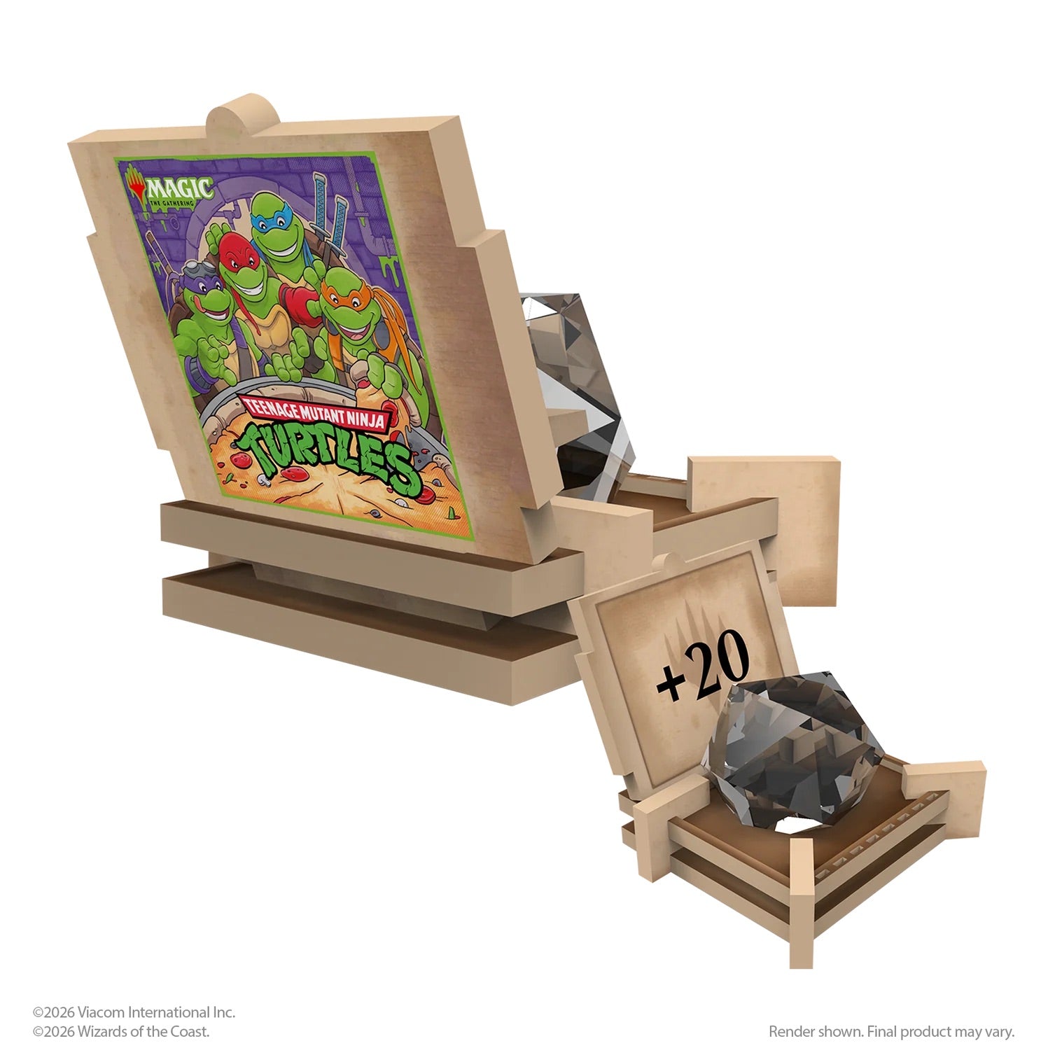 Acrylic dice holder with a Magic: The Gathering logo featuring Teenage Mutant Ninja Turtles on a white background.