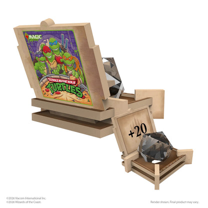 Acrylic dice holder with a Magic: The Gathering logo featuring Teenage Mutant Ninja Turtles on a white background.