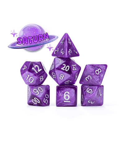 “Saturn” Mercurial Dice - Polyhedral 7-Dice Set - Sparkling Grape, w/ Silver Numbers.