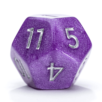 “Saturn” Mercurial Dice - Polyhedral 7-Dice Set - Sparkling Grape, w/ Silver Numbers.