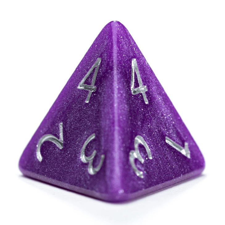 “Saturn” Mercurial Dice - Polyhedral 7-Dice Set - Sparkling Grape, w/ Silver Numbers.