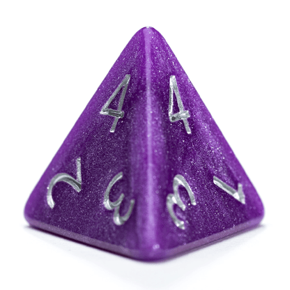 “Saturn” Mercurial Dice - Polyhedral 7-Dice Set - Sparkling Grape, w/ Silver Numbers.