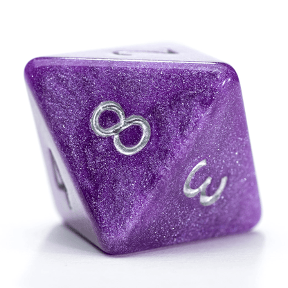 “Saturn” Mercurial Dice - Polyhedral 7-Dice Set - Sparkling Grape, w/ Silver Numbers.