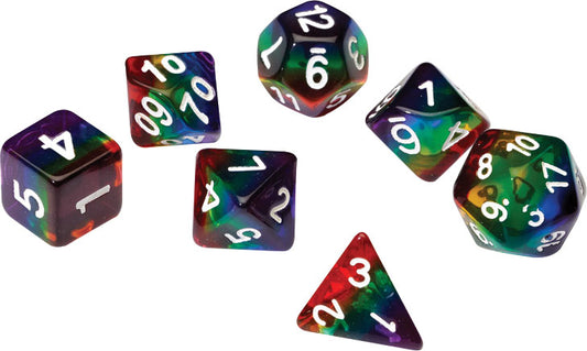 7 + 1 Translucent Resin Poly dice Set -  Rainbow, White pips - Sirius Dice