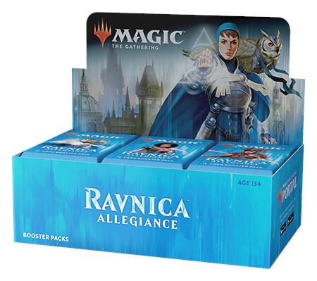 Box of 'Magic: The Gathering' Ravnica Allegiance booster packs with character illustration on a white background