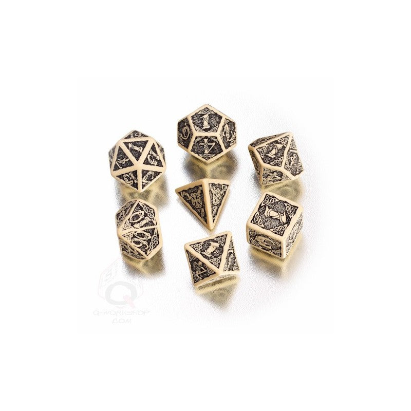 Q-Workshop - Celtic 3D Dice - Set of 7 Polyhedral Dice - Beige/Black