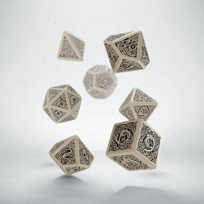 Q-Workshop - Celtic 3D Dice - Set of 7 Polyhedral Dice - Beige/Black