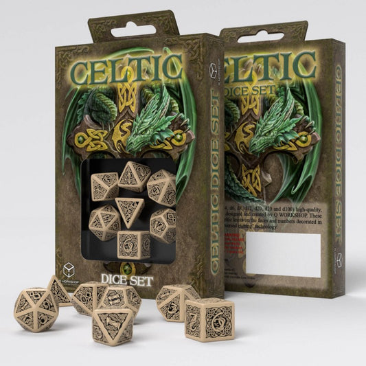 Q-Workshop - Celtic 3D Dice - Set of 7 Polyhedral Dice - Beige/Black