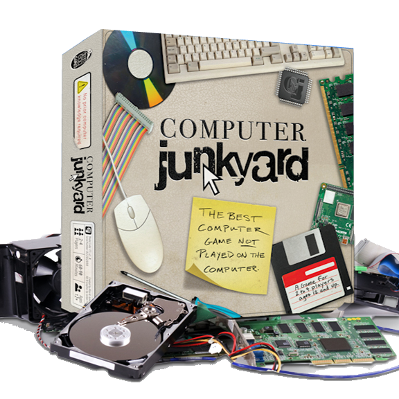 Computer junkyard-themed product packaging with various computer parts and a mouse.