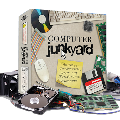 Computer junkyard-themed product packaging with various computer parts and a mouse.
