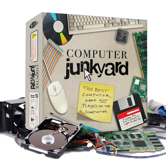 Computer junkyard-themed product packaging with various computer parts and a mouse.