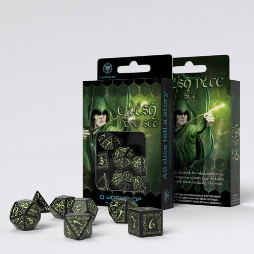 Q-Workshop - Elven - Set of 7 Polyhedral Dice - Black/Glow in the Dark