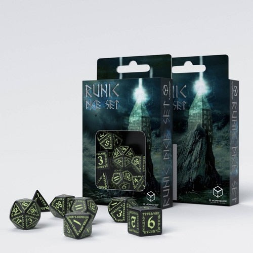 Q-Workshop - Runic - Set of 7 Polyhedral Dice - Black/Glow in the Dark