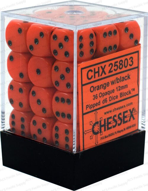 Chessex Dice - Opaque - 12mm D6 Dice Orange/Black Pips (36 count)