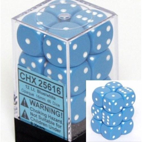 Chessex Dice - Opaque 16mm D6 Dice Light blue/White Pips (12 count)