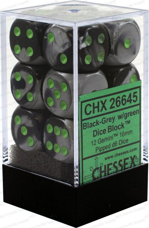 Chessex Dice - Gemini - 16mm D6 Dice Black-Grey/Green Pips (12 count)