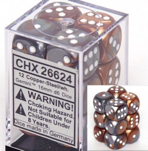 Chessex Dice - Gemini 16mm D6 Dice Copper-Steel/White Pips (12 count)